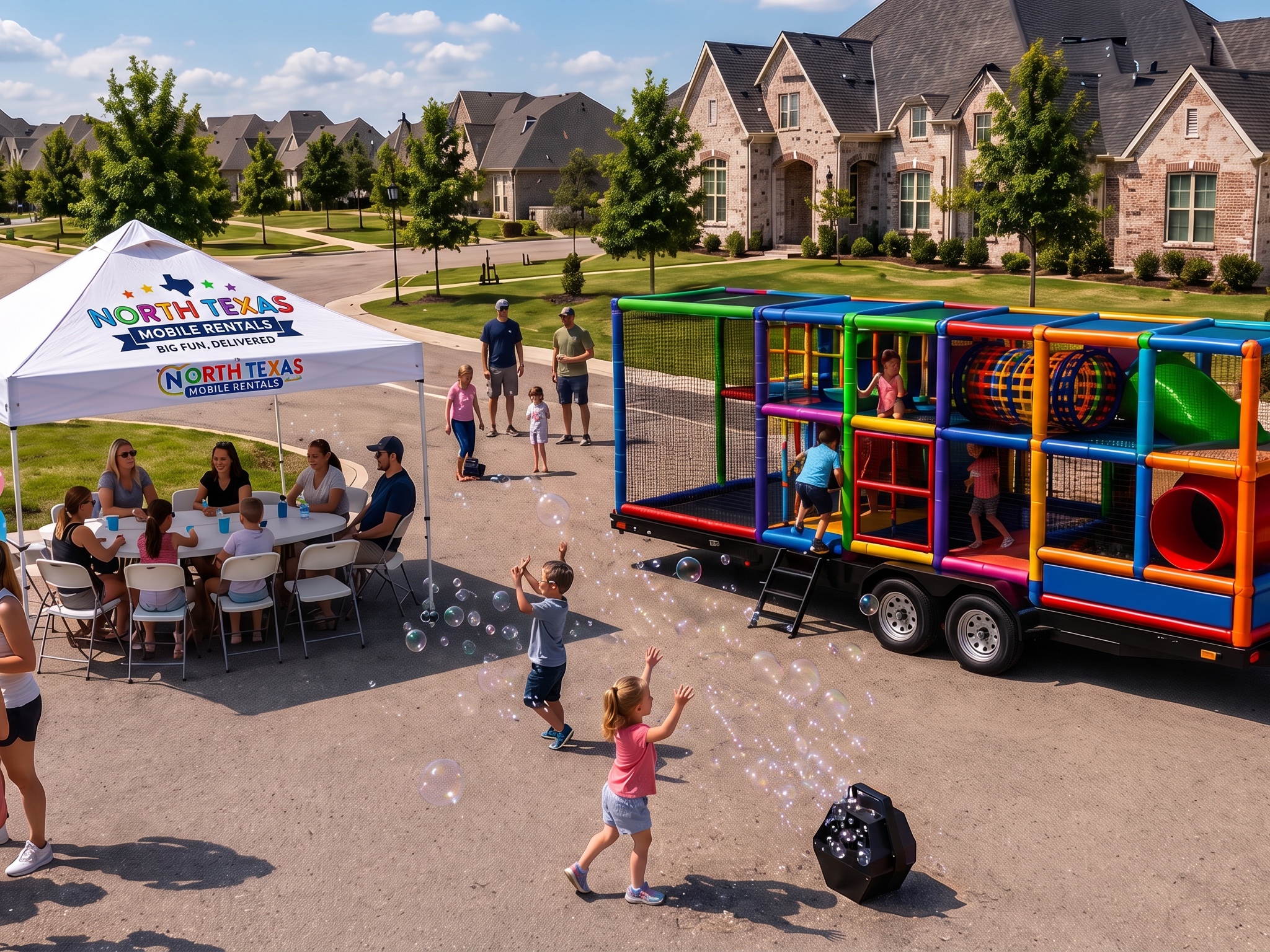 Families at a neighborhood HOA event with the mobile playground and shade tent