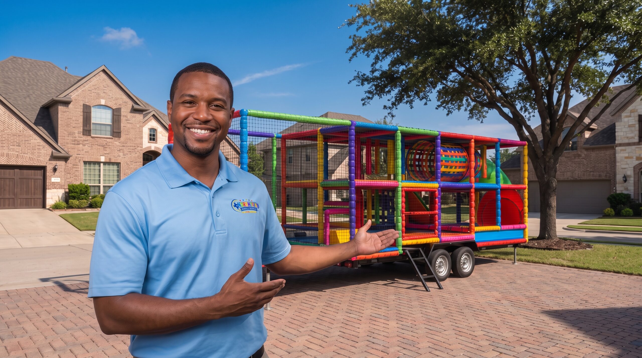 North Texas Mobile Rentals operator welcoming guests beside the playground trailer