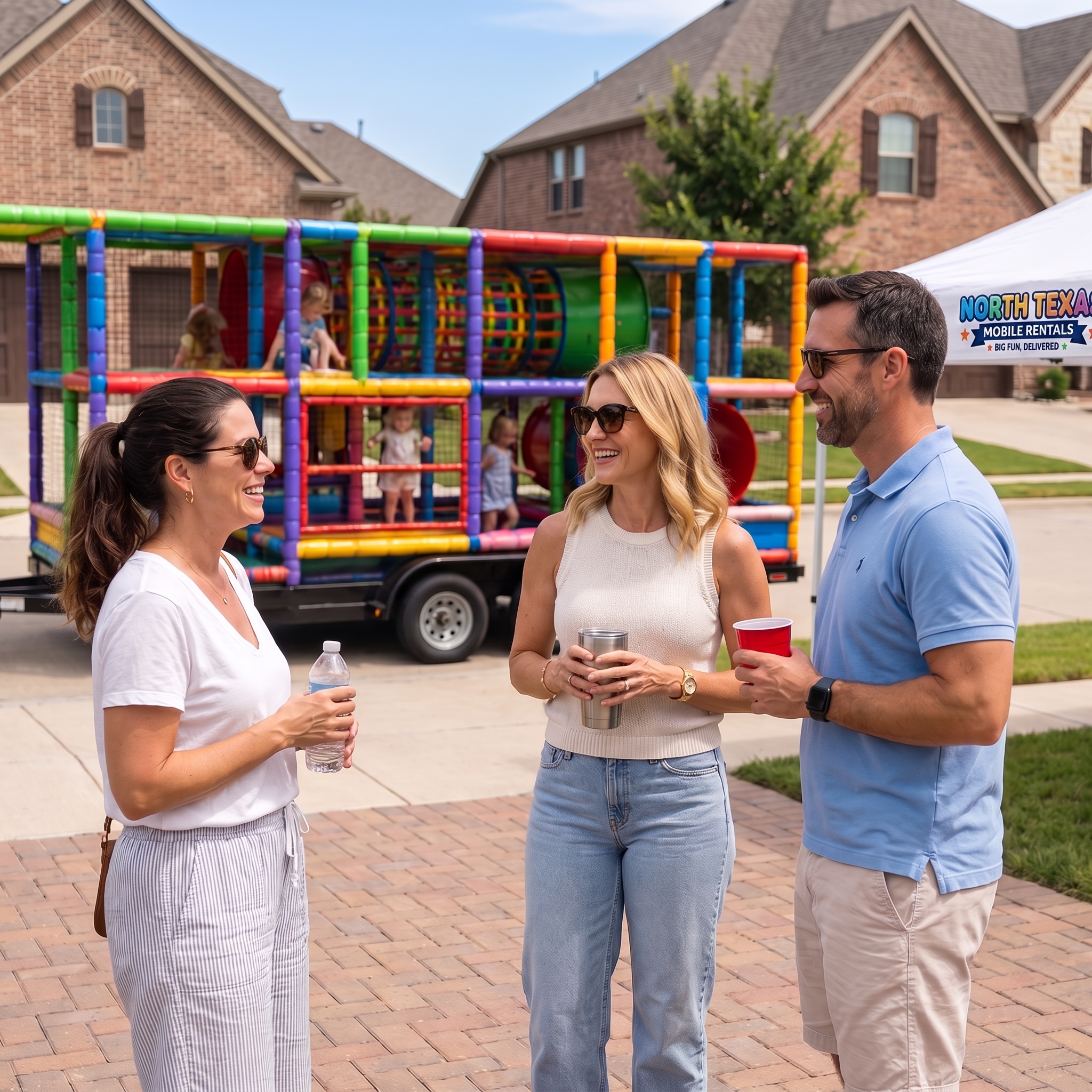 Parents relaxing while their children play in the mobile playground