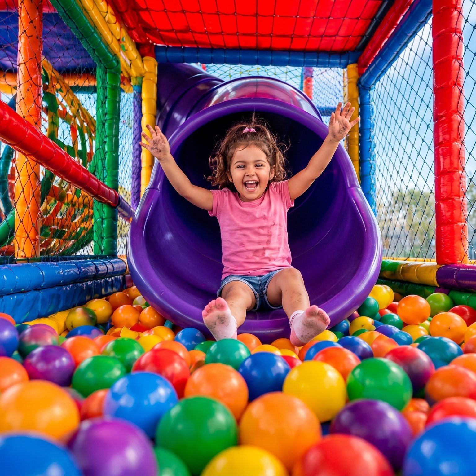 A child sliding into the ball pit inside the netted mobile playground