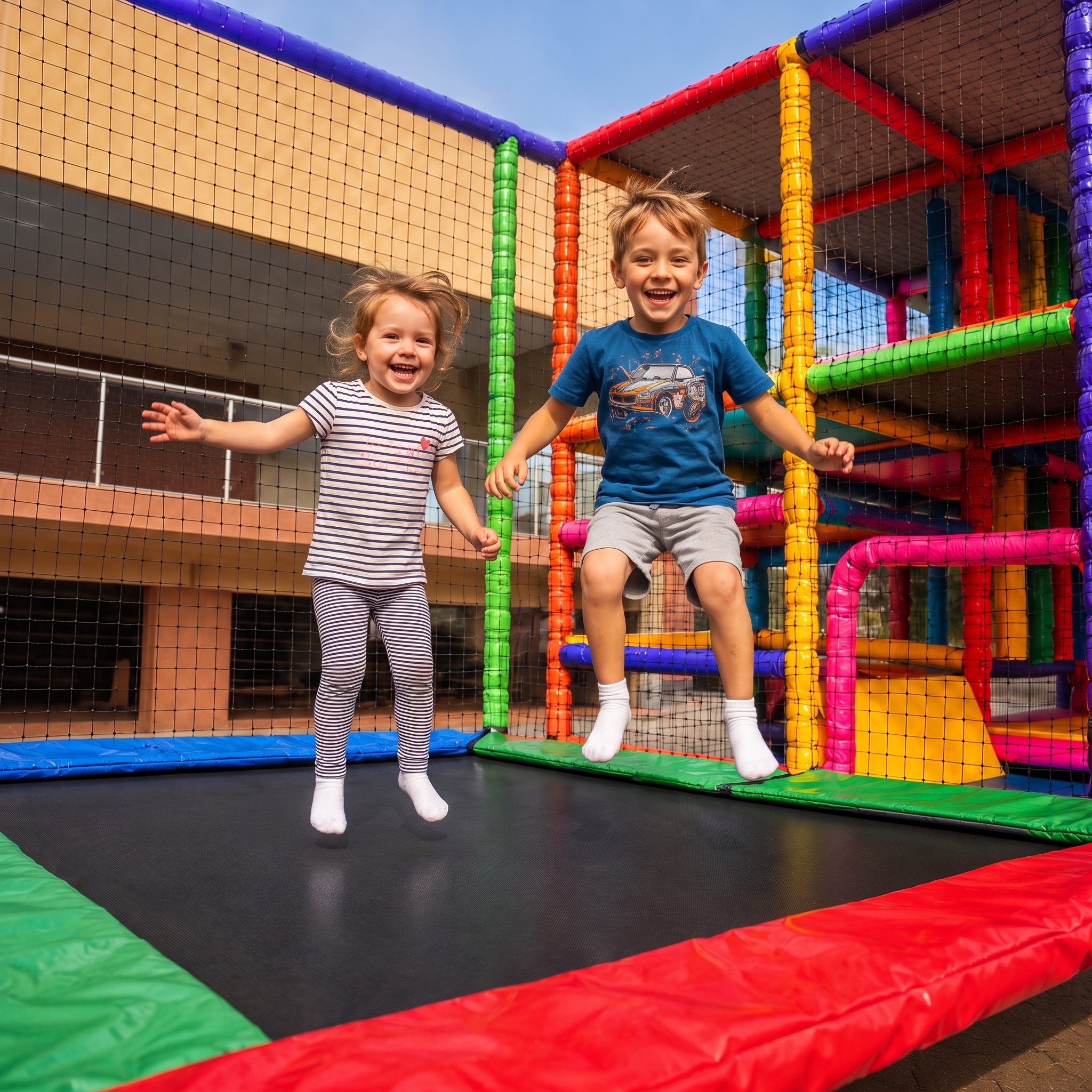Kids bouncing inside the enclosed padded mobile playground