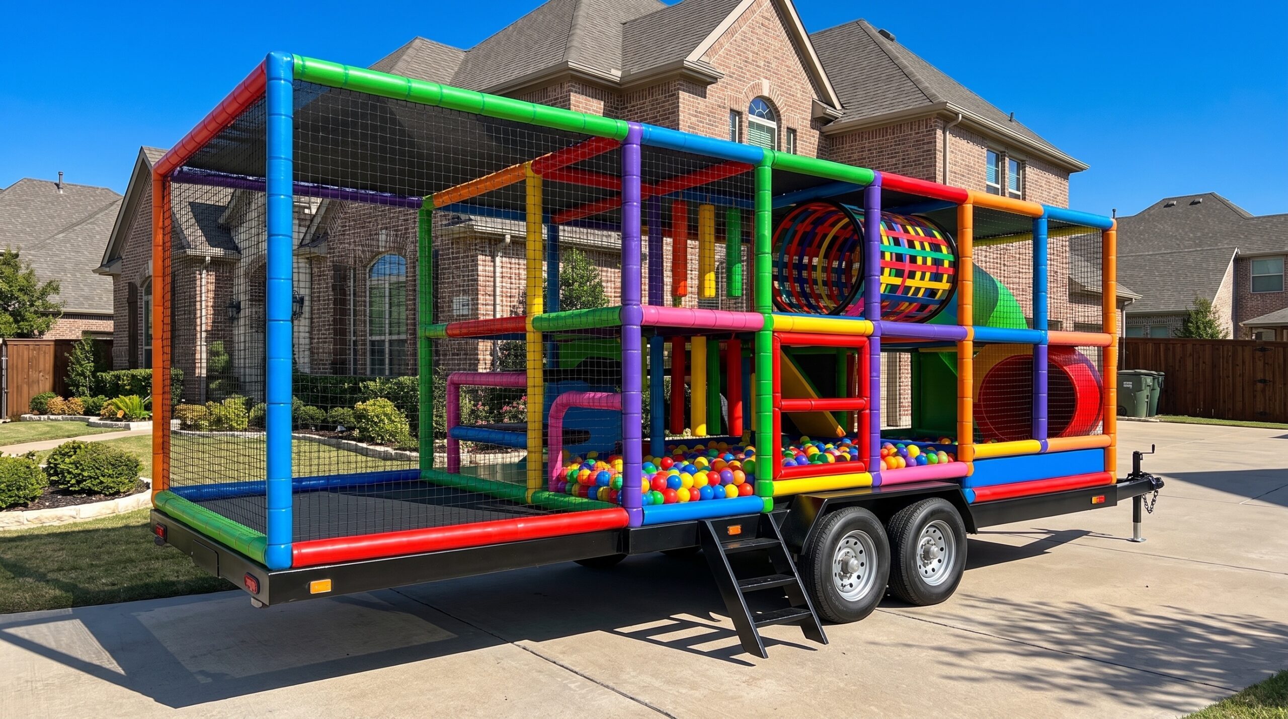 The Signature Mobile Playground fully set up, showing the slide, tunnel and ball pit