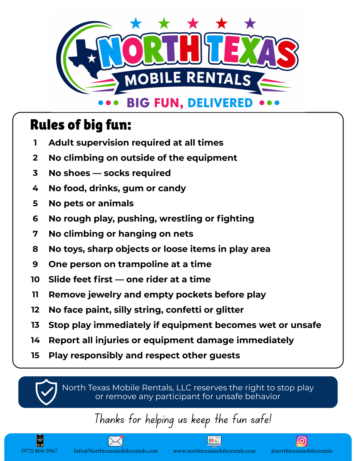 North Texas Mobile Rentals Rules of Big Fun playground safety flyer