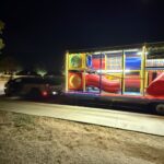 The trailer lit up at night