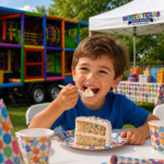 Birthday boy eating cake at his party