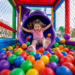 Kid sliding into the ball pit