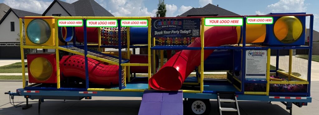The Signature Mobile Playground trailer with five sponsor logo spots along the upper rail